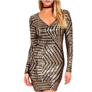Lulus Sequin Dress Embellished Women XS Glam Gold Black Sparkle Sexy‎ Modest Y2K